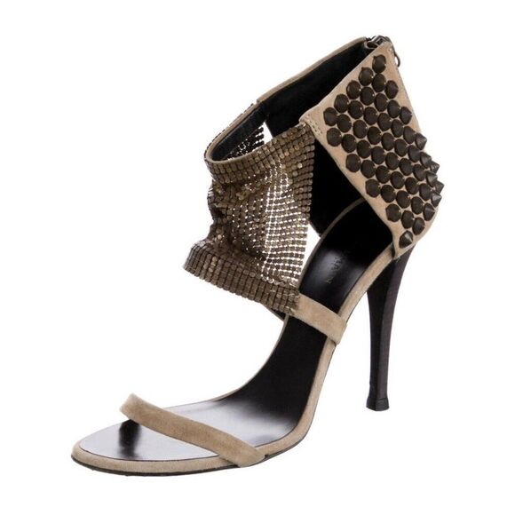 Balmain Authentic Beige Brown Copper Suede Leather High Heel Stud Sandals 8 - Picture 1 of 7